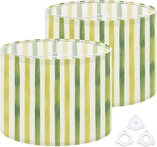 Drum Lamp Shades Set of 2, 13" x 10" Small Lampshades with Hand painted watercolor Olive green stripes white, Boho Lamp Cover for Table & Floor Lamps, Modern Farmhouse Easy Assembly Decor