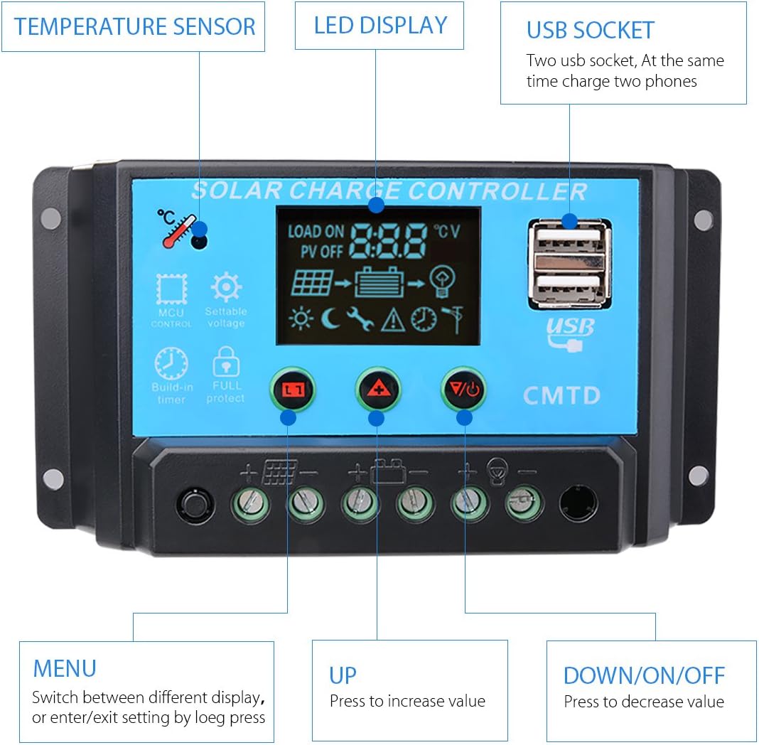 Sunix 10A 12V/24V Solar Charge Controller Charge Regulator Intelligent, USB Port Display Overload Protection Temperature Compensation ??