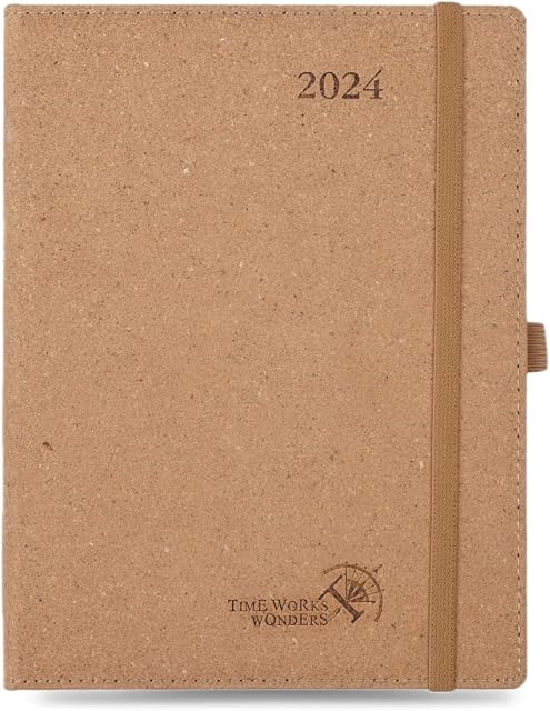 POPRUN ECO-Friendly A5 2024 Week To View Diary 22 x 16.5 cm Hardback 24 Weekly Planner Made of Recycled Materials with Time Interval - Desert Brown