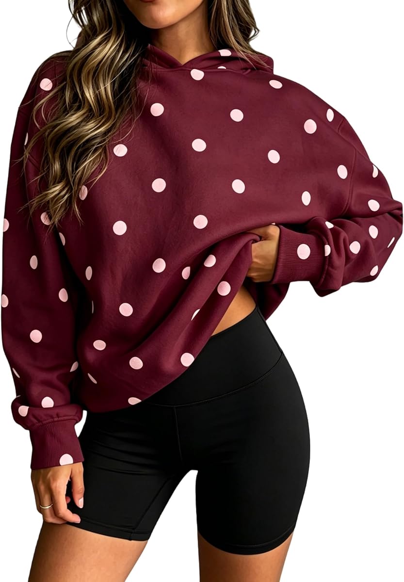 Ythomm Womens Polka Dot Oversized Hoodies Graphic Print Fleece Sweatshirt Long Sleeve Pullover Hooded Tops With Pocket