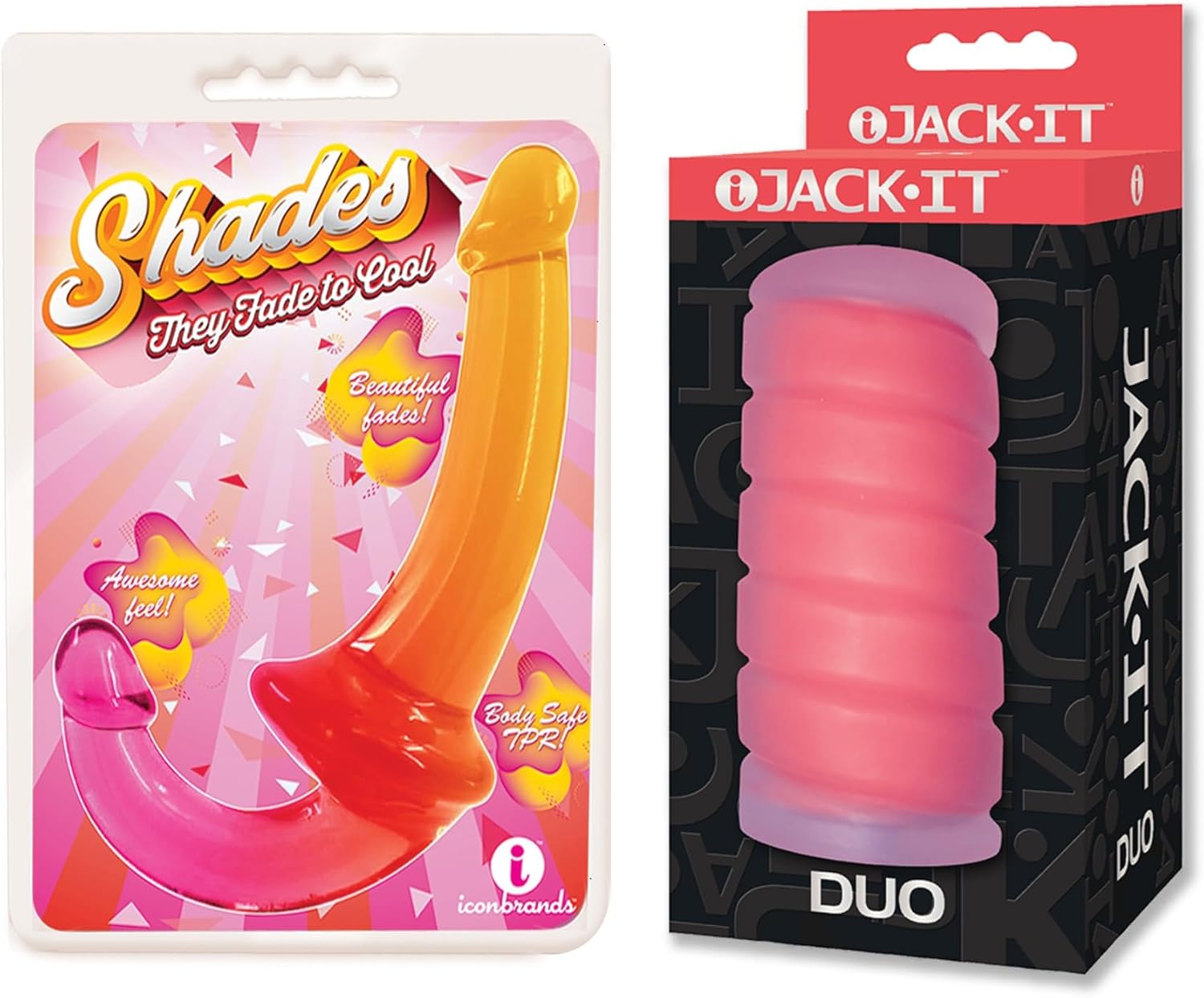 Sex Toy Couples kit of Shades Jelly TPR Gradient Strapless Strap On - Pink/Yellow and Icon Brands Jack-It Duo, Cherry