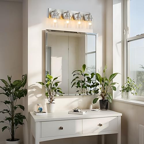 Miniatura 11 de LOUSACE Lámpara de tocador de baño de 4 luces de níquel cepillado, accesorios de iluminación de baño con pantallas de vidrio transparente sobre