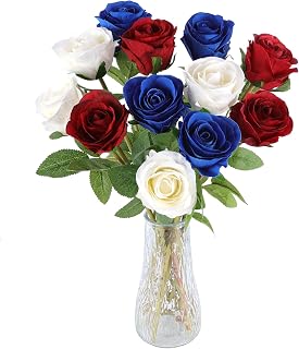 Hananona Artificial Roses Flowers for 4th of July Decorations, 12 Pcs Silk Rose Bouquet for Patriotic Flower Decor, Faux Roses for Independence Day Parties Cemetery Flowers (12, Red,White,Blue)