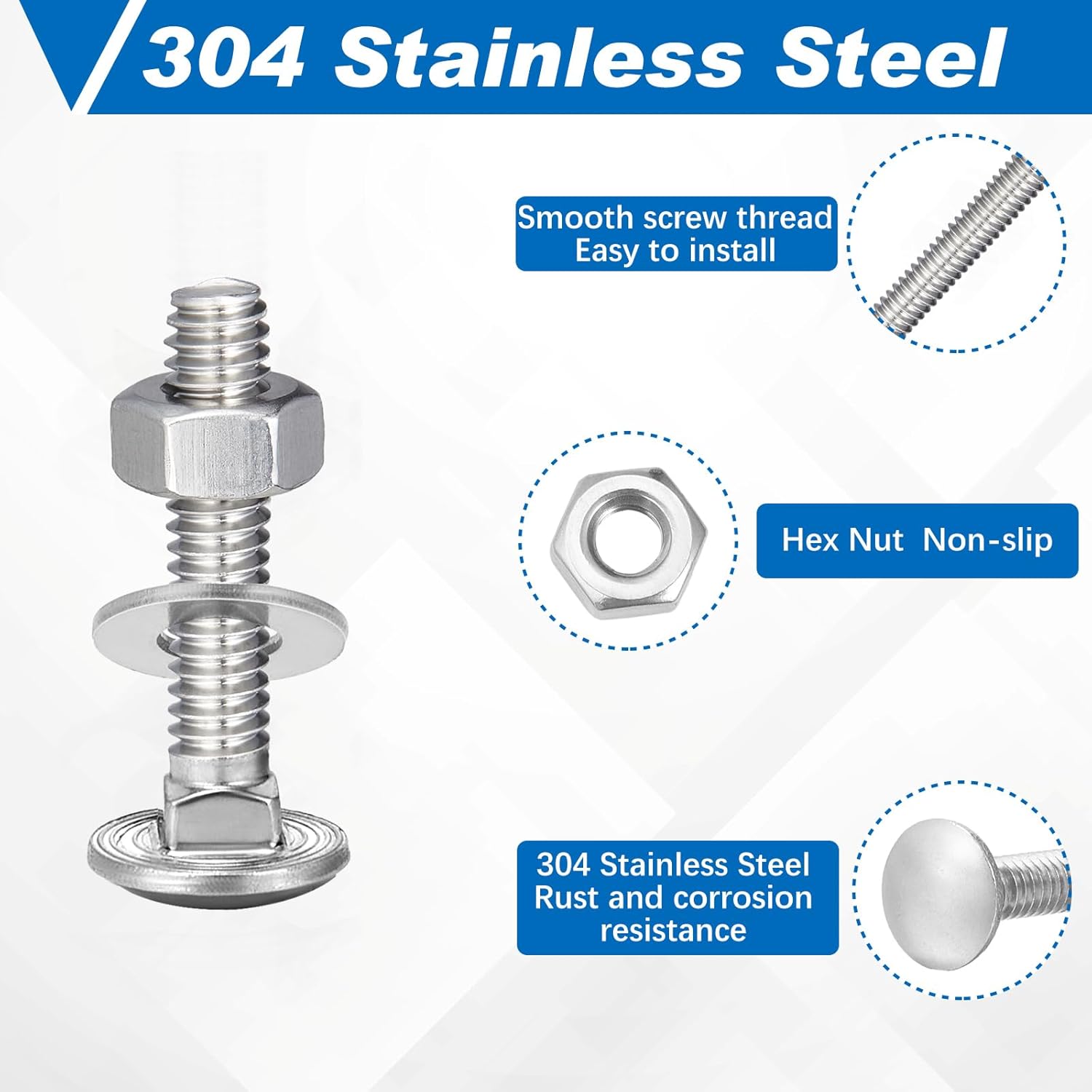 Zonon 25 Sets 3/8-16 x 2 Stainless Steel Carriage Bolts and Nuts Kit Round Head Square Neck Carriage Bolts Screws and Hex Nuts and Flat Washers, Stainless 18-8 Full Thread Coverage (Silver)