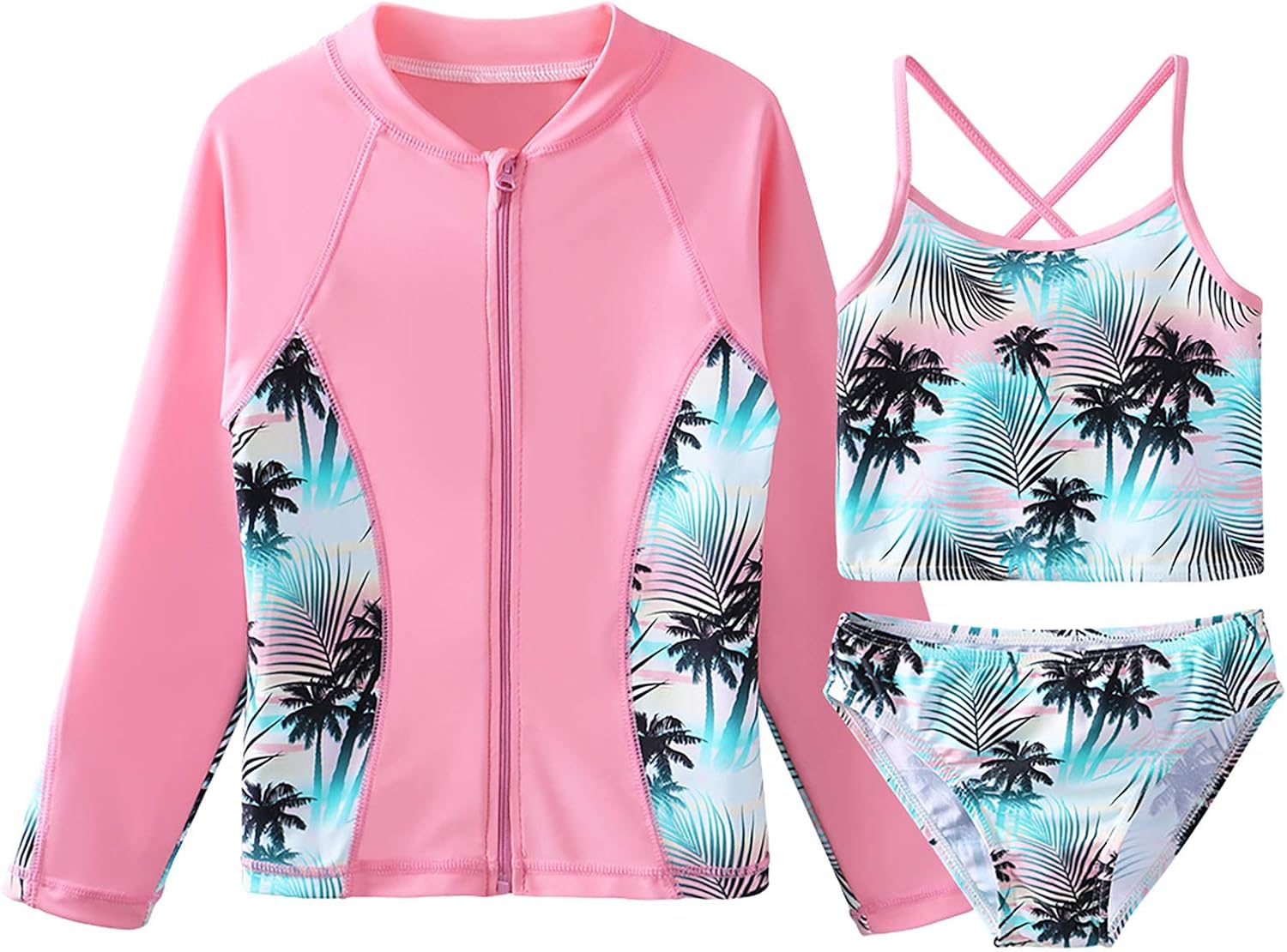 Girls Rash Guard 3-Piece Swimsuit Set UPF 50+ UV Surfing Sunsuit Jacket+Bikini +Bottom Kids GreenPink Bathing Suit