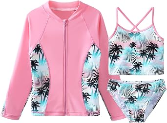 Girls Rash Guard 3-Piece Swimsuit Set UPF 50+ UV Surfing Sunsuit Jacket+Bikini +Bottom Kids GreenPink Bathing Suit