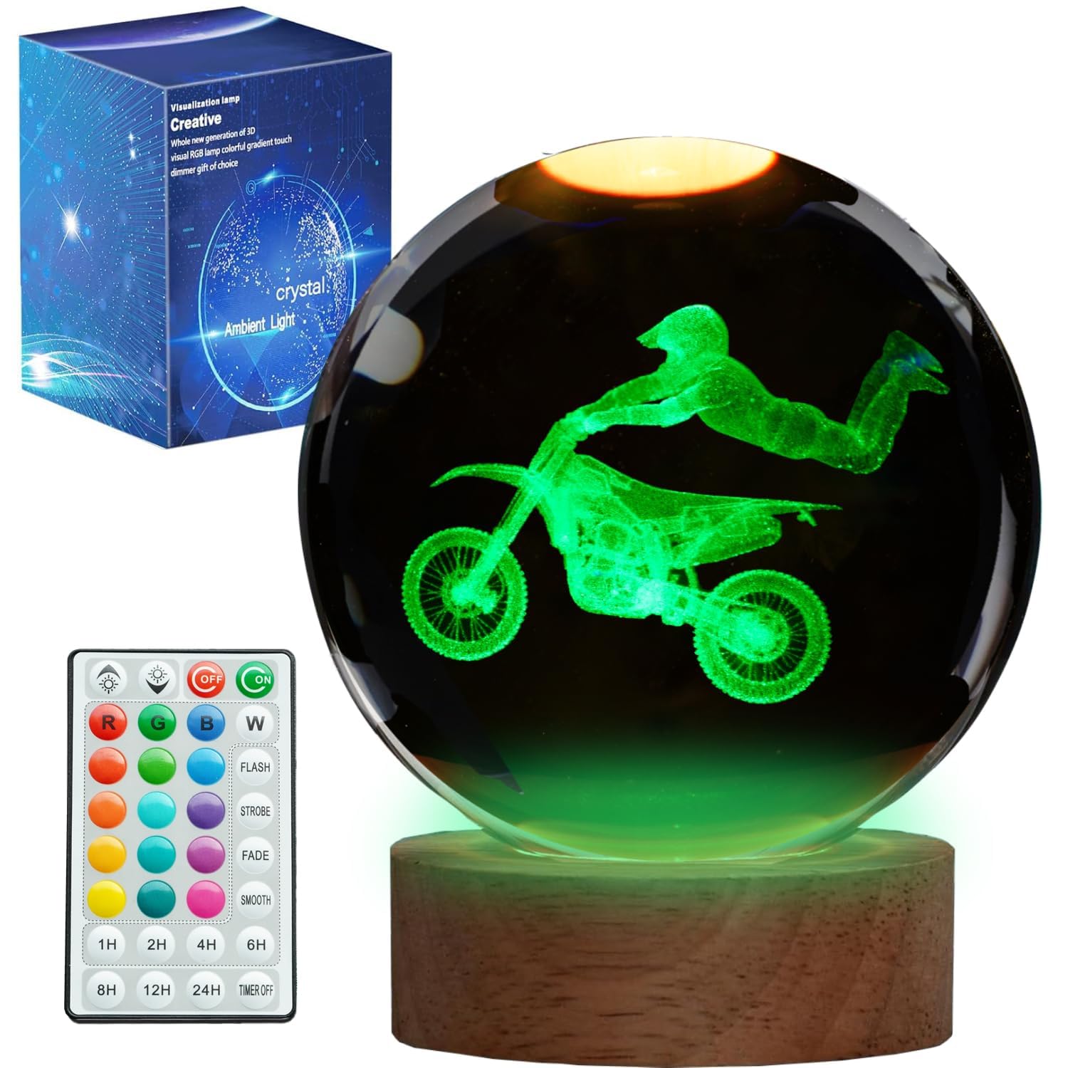 POSSHE Dirt Bike Night Light, Dirt Bike Gifts, 3D Crystal Ball Dirt Bike Lamp with Remote Upgraded 3.15 Inch with 16 Color for Birthday Xmas Cool Figurines Motor Bike Gifts for Room Decor Boys Girls
