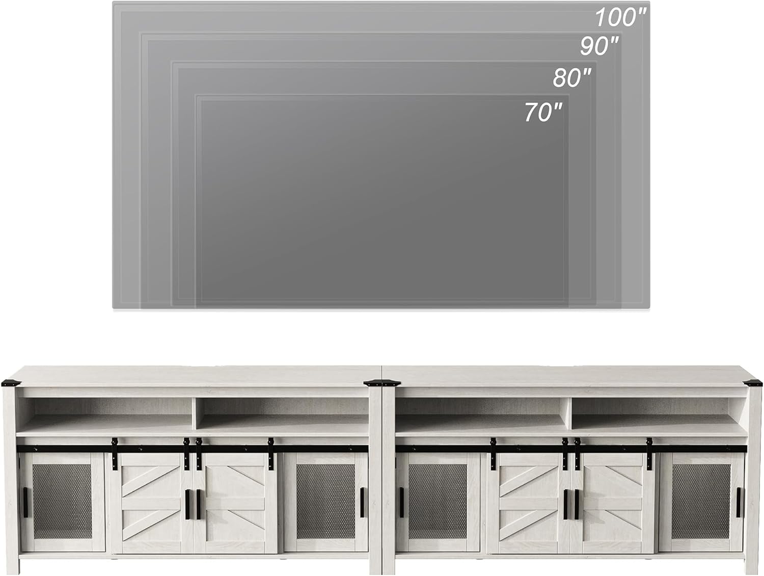WAMPAT Farmhouse TV Stands with Mesh & Barn Doors for 100+ Inch TV，Wooden Entertainment Center with Open Storage Shelf, 2-in-1 Media Console for Living Room，Antique White