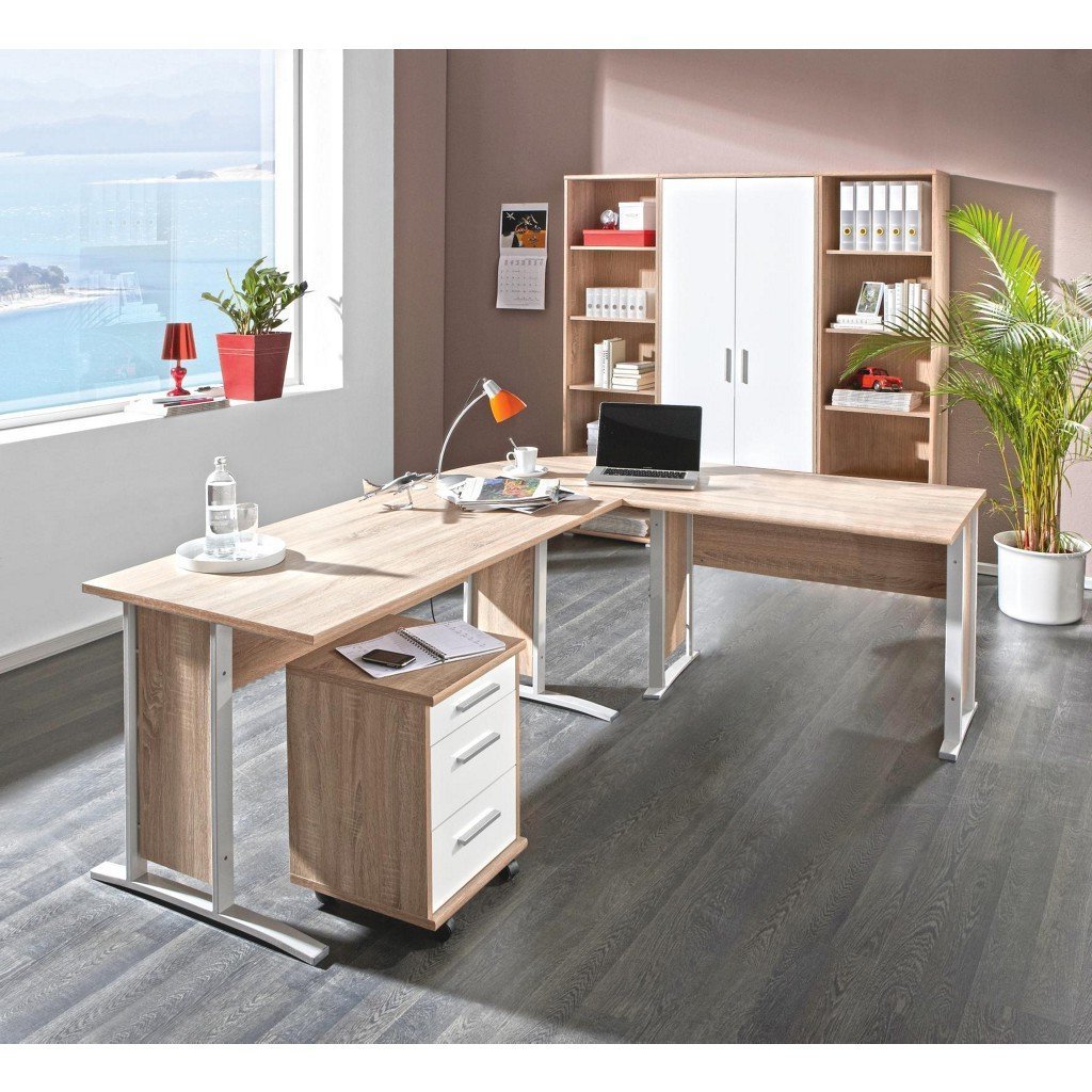 Office Line Büromöbel Set Arbeitszimmer Eiche Sonoma Weiss Glanz 7-teilig