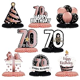 LINGTEER Happy 70th Birthday Rose Gold Table Honeycomb Centerpieces Cheers to 70th Birthday Seventy Years Old Party Table Decorations Gift Sign.