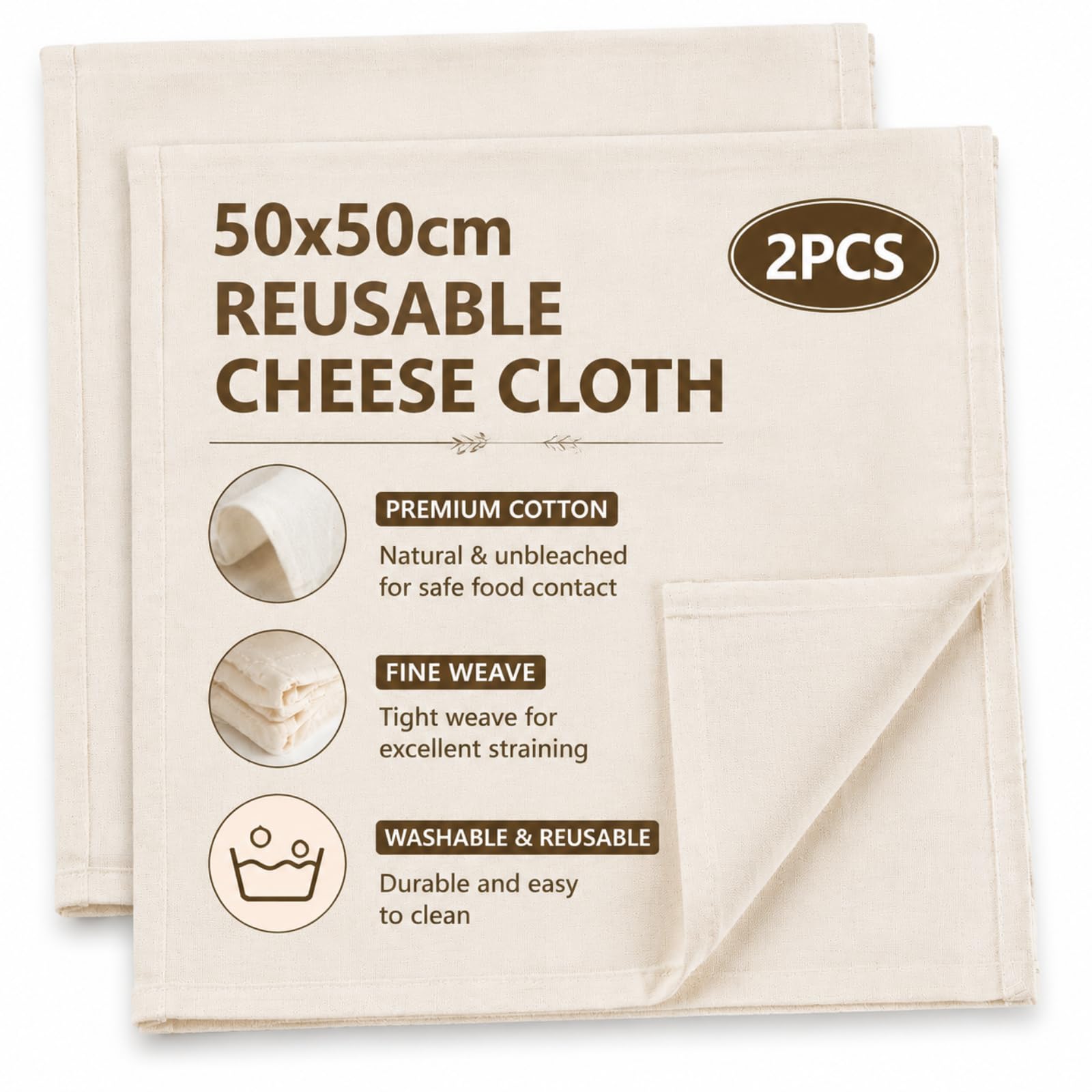 2 Pcs Cheese Cloths for Straining, Reusable 50 x 50 cm Cheesecloth, 100% Unbleached Pure Cotton Cheese Cloth, Muslin Cloths for Cooking, Food Strainer for Baking, Homemade Cheese & Butter