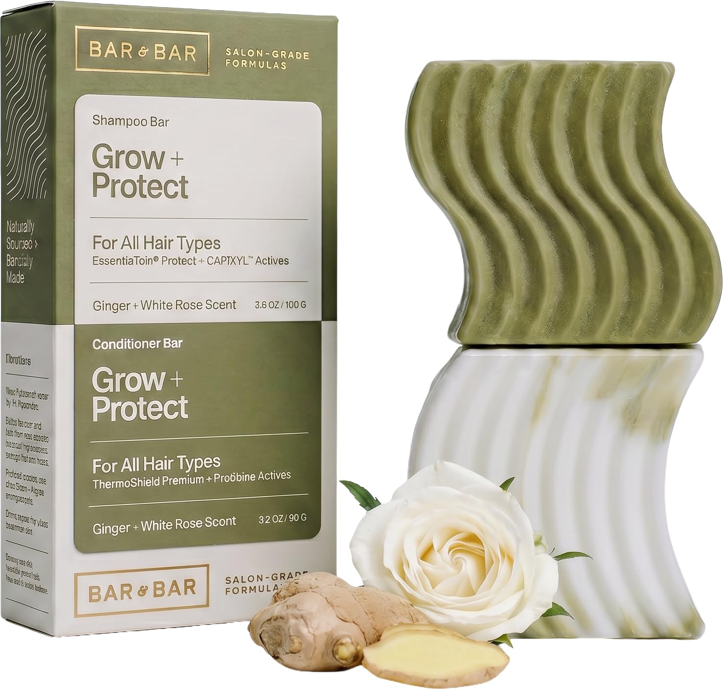 Shampoo and Conditioner Bar Set – Grow + Protect – Hair Growth & Heat Protectant Solid Hair Care Duo – Normal Hair – Gingerlily Rain, 3.5 oz Each