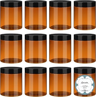 Qeirudu 8 oz Amber Plastic Jars with Lids and Labels, 12 Pack Empty Brown Body Butter Containers for Body Scrub, Cosmetic Beauty Products, Creams and Lotion