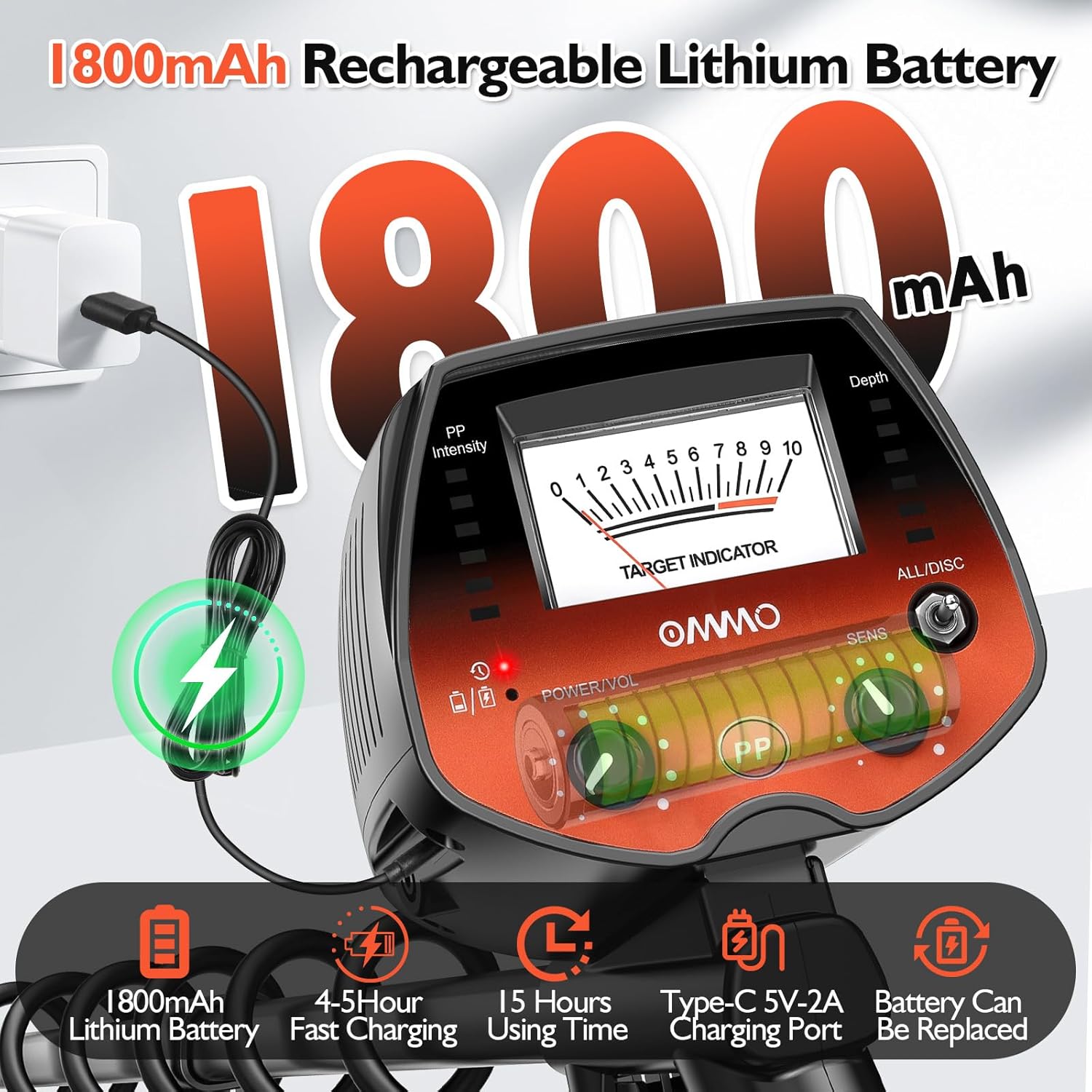 OMMO Metal Detector, High Accuracy Pointer Metal Detector for Adults with Backlight 10'' Waterproof Coil USB Cable, All&Disc&Pinpoint Mode, for Detecting Gold Coin Treasure Hunting