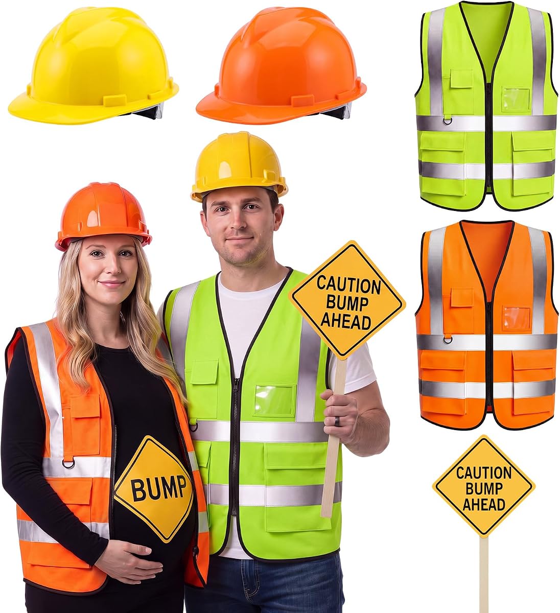 6 Pcs Pregnancy Halloween Construction Worker Couple Costume Accessories | Reflective Construction Safety Vest, Construction Hard Hat, Caution Bump Ahead Sign, Bump Sticker, Traffic Construction Party