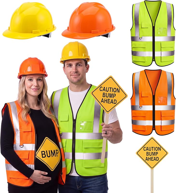 6 Pcs Pregnancy Halloween Construction Worker Couple Costume Accessories | Reflective Construction Safety Vest, Construction Hard Hat, Caution Bump Ahead Sign, Bump Sticker, Traffic Construction Party