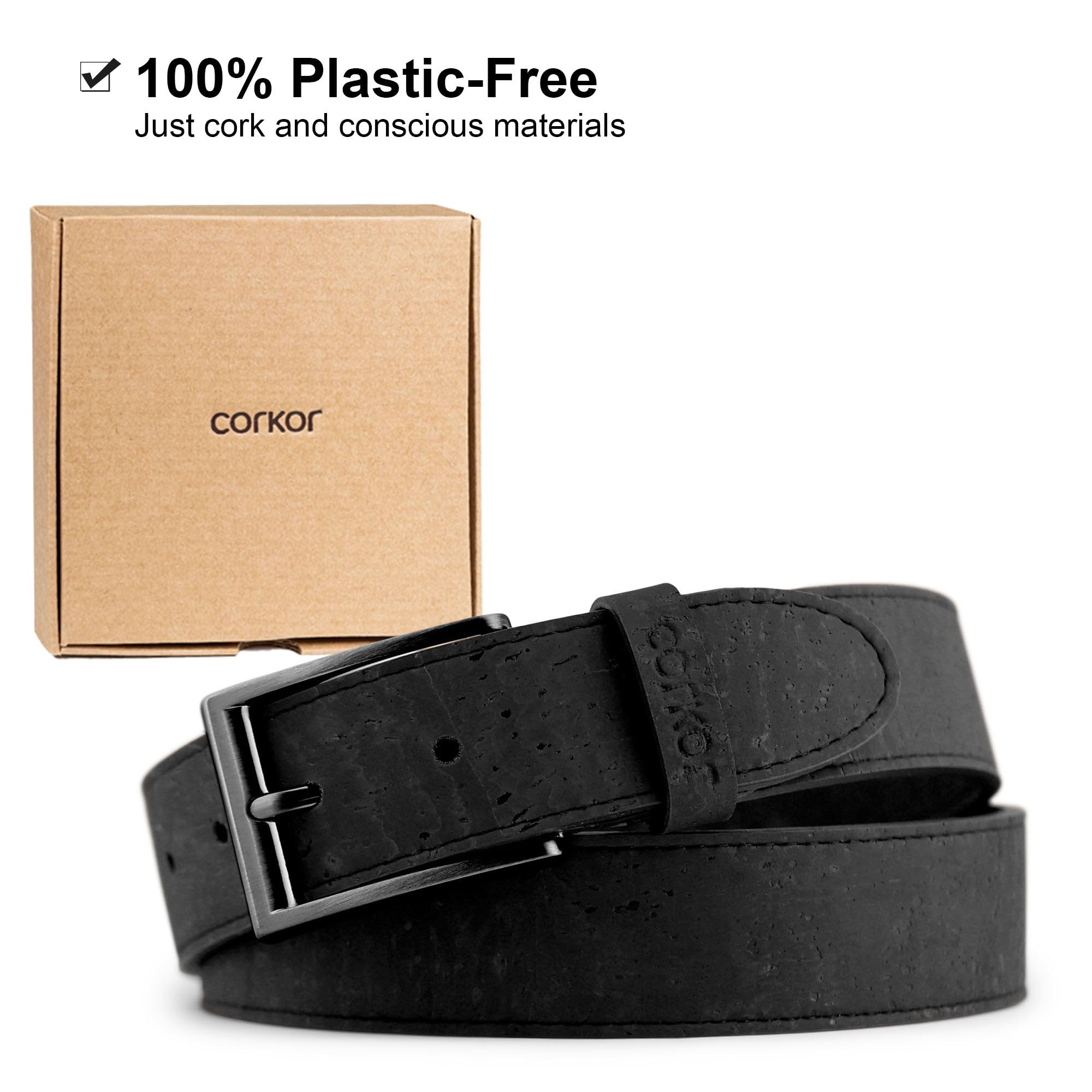 Corkor Cinturón de corcho para hombre, alternativa de cuero vegano, correa casual de 1.38 pulgadas con hebilla negra o plateada, sin piel, listo para regalo