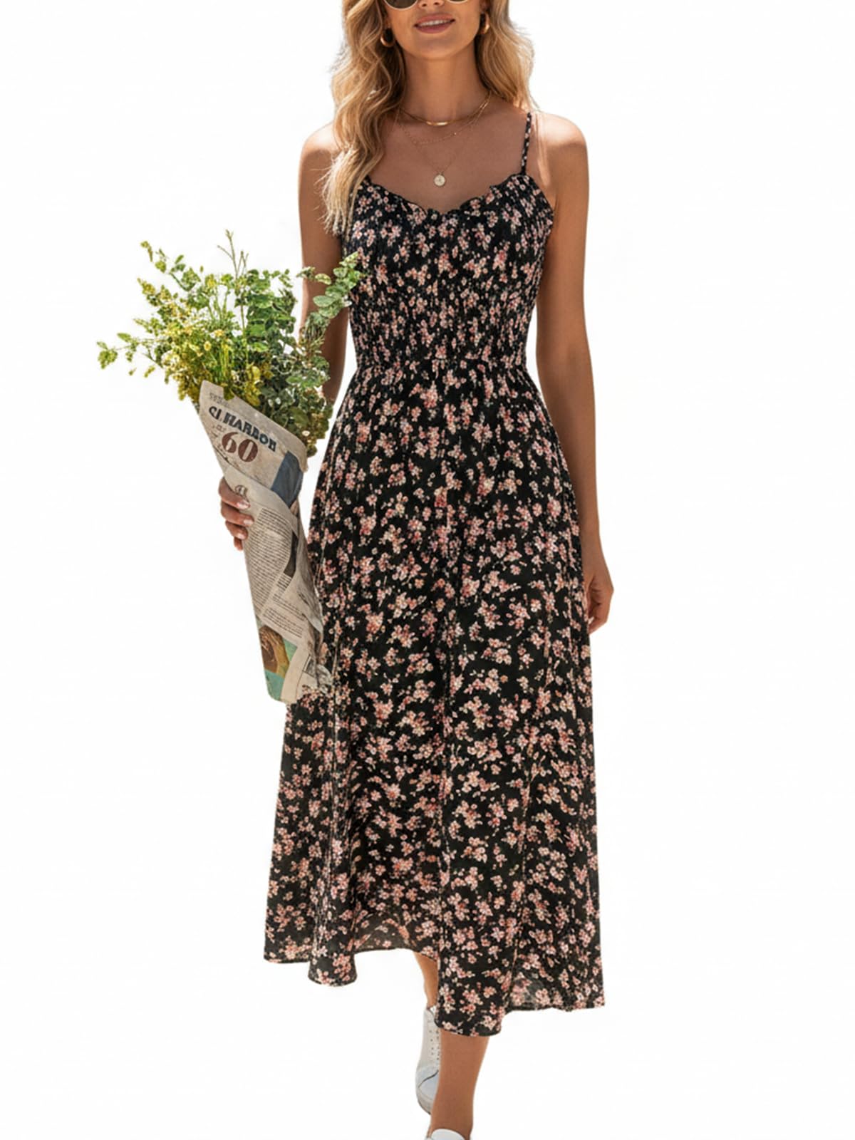 CUPSHE Damen Sommerkleid Spaghetti-Träger Maxikleid V-Ausschnitt Blumenmuster Gerafft Freizeitkleid Boho Rüschen Strandkleid