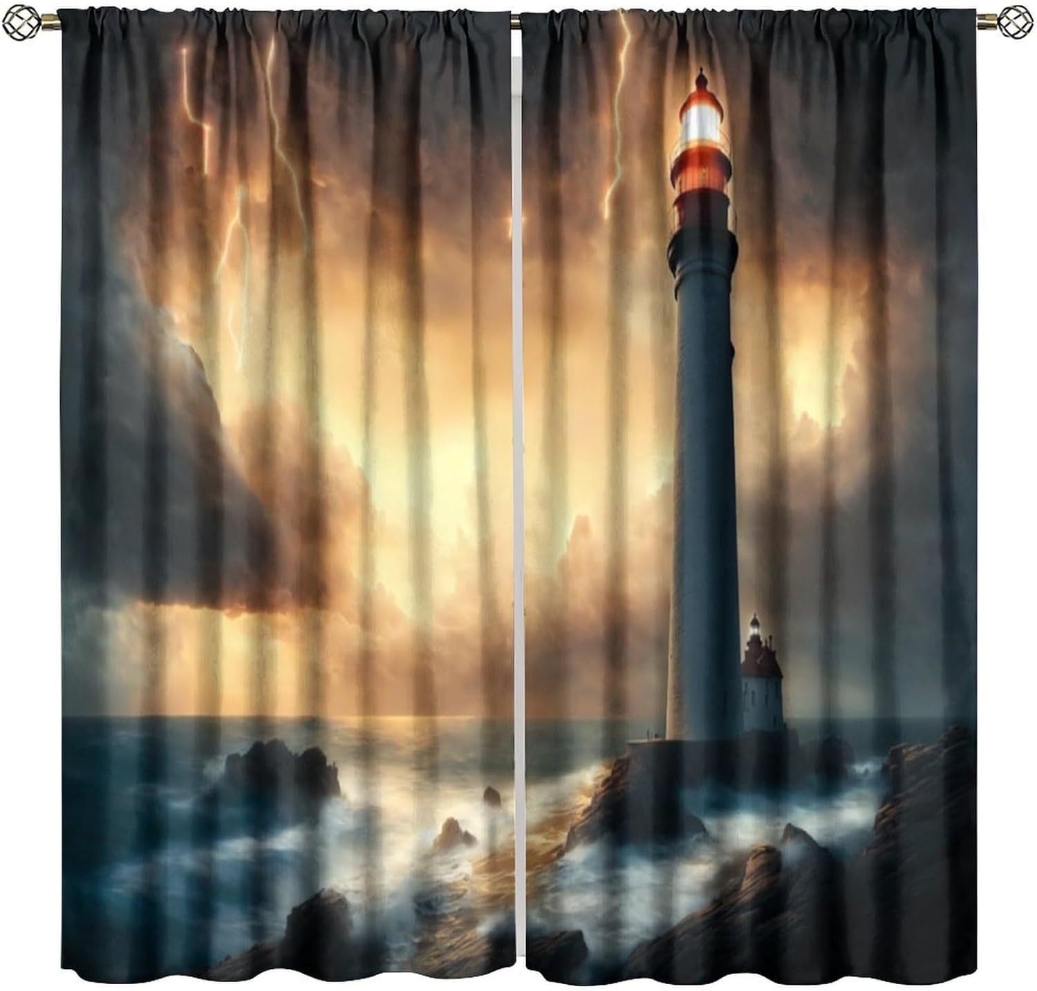 Lighthouse Curtains Lighthouse at Night Thunder and Lightning Oceanic Smock Fantasy View Print Blackout Window Drapes for Bedroom Living Room Kitchen Cafe （W21xL45 Inch） x2 Panels