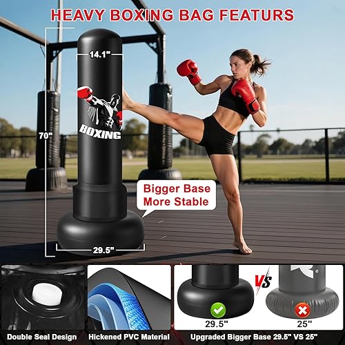 Miniatura 3 de Saco de boxeo independiente para adultos, bolsa de boxeo pesada de 70 pulgadas con guantes y bomba, bolsas de kickboxing para hombres y mujeres,