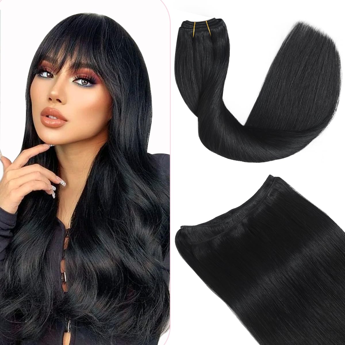 Weft Hair Extensions Human Hair Jet Black Sew in Extensions For Women Double Weft Natural Silky Straight Remy 20Inch 100G(weft#1 20inch)