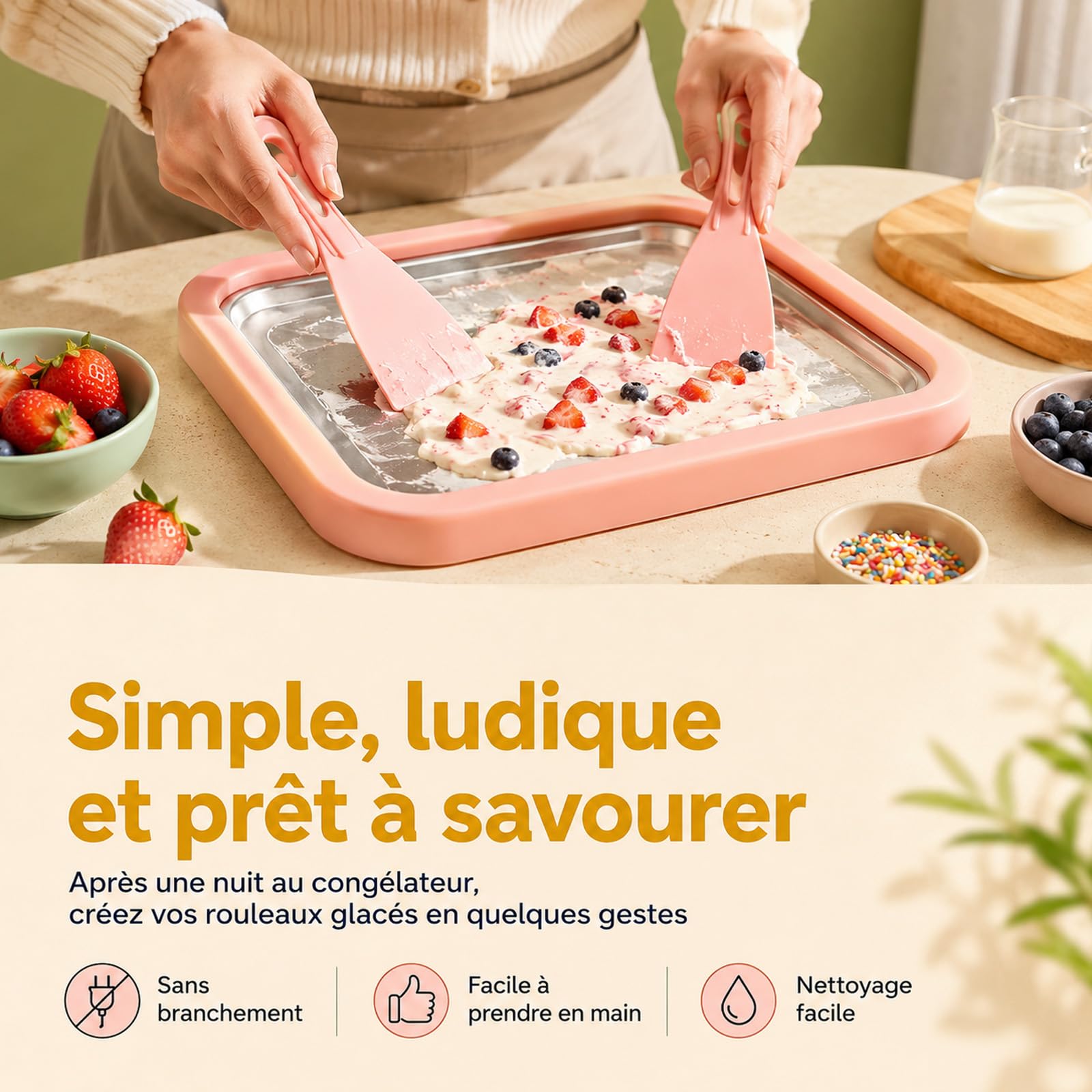 Frostlab - Kit De Plaque À Glaces Roulées Maison, Appareil De Dessert Glacé Sans Électricité, Activité Gourmande Diy, Inclut 1 Plaque + 2 Spatules (Blanc)