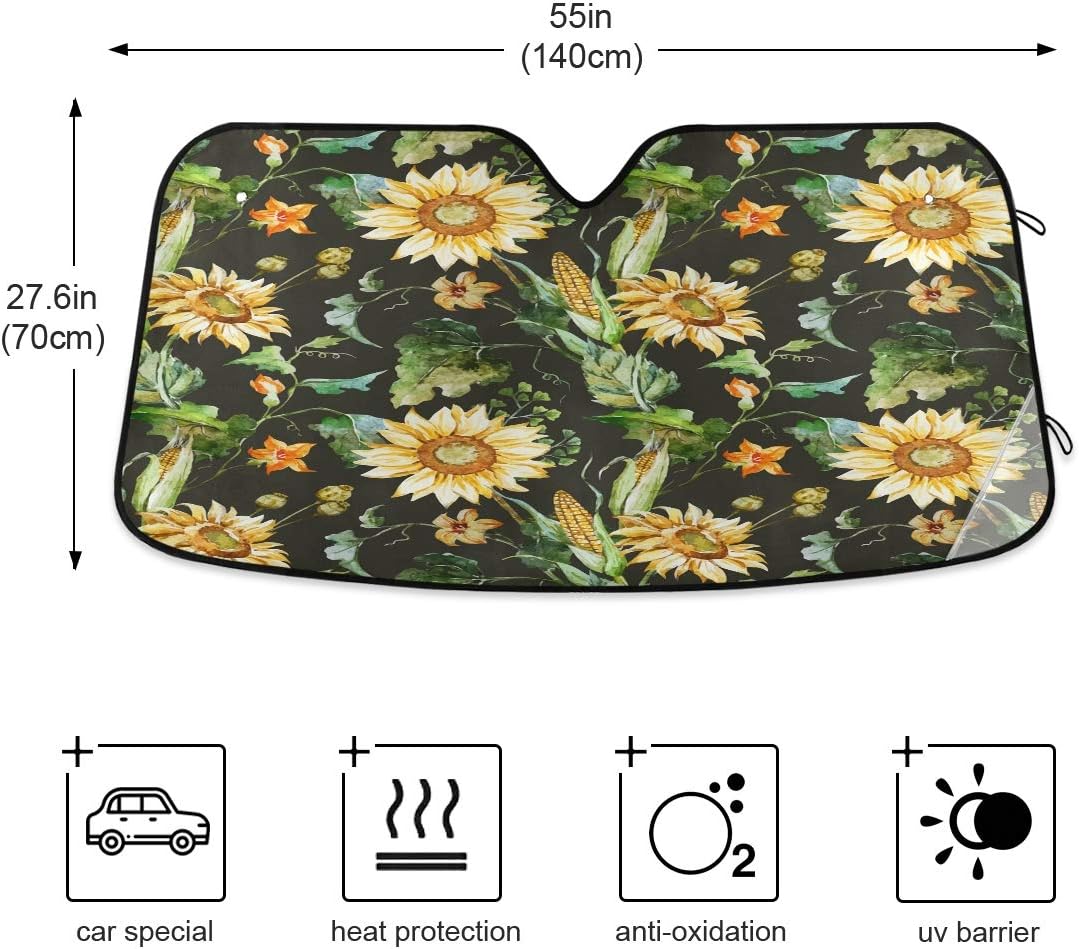 senya Car Windshield Sunshade Watercolor Sunflower Pattern, Blocks Sun Visor Protector Foldable Sun Shield Keep Your Vehicle Cool, Fits Windshields of Most Sizes