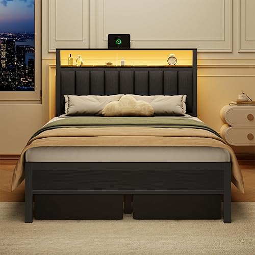 Miniatura 5 de Furnulem Marco de cama tamaño matrimonial con estación de carga y luces LED, cabecero tapizado en gris con estantes, cama de plataforma de metal con