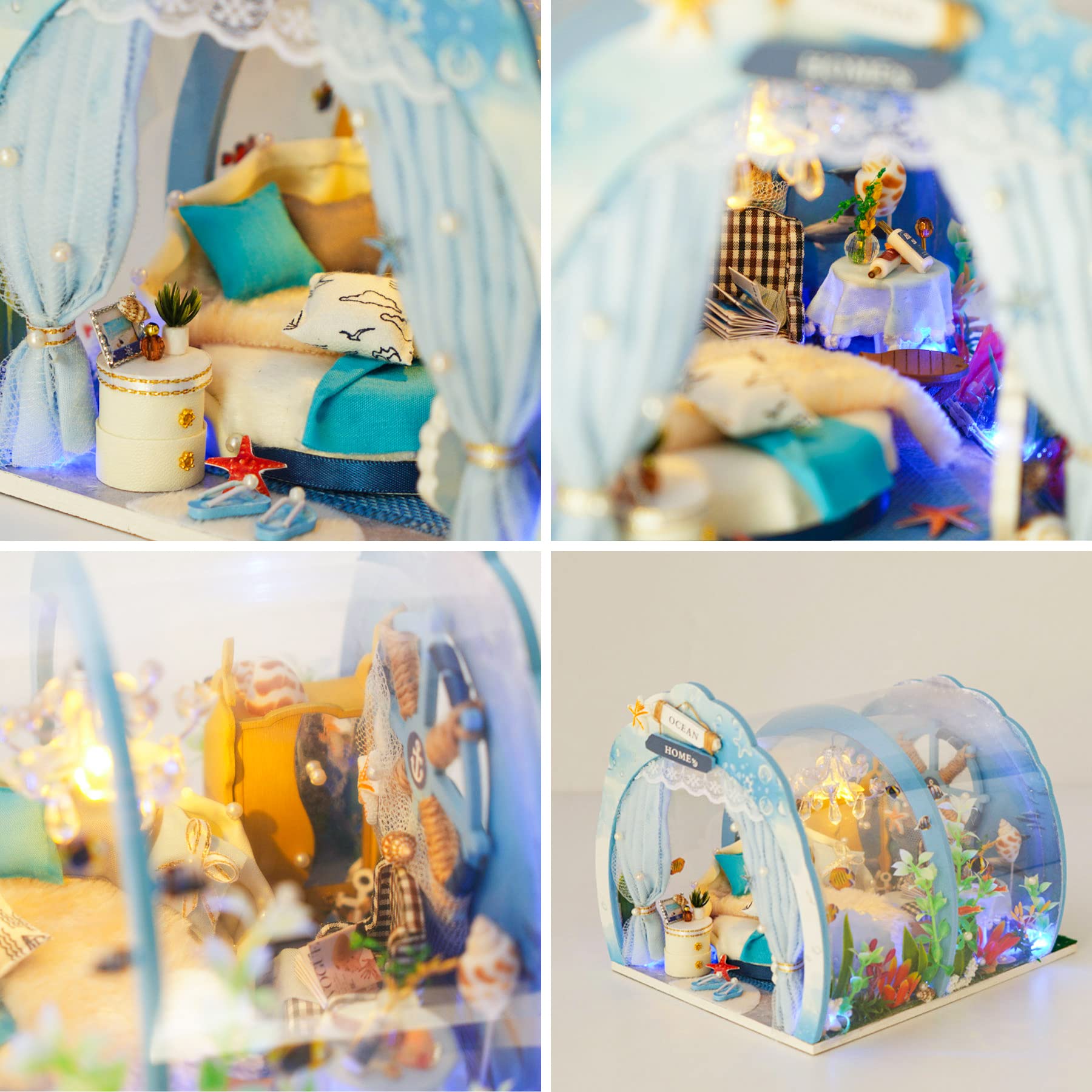 Cuteefun Miniaturowy zestaw do budowania domku dla lalek DIY, drewniany budynek z meblami, niebieskie światło LED, mini dom marzeń nad oceanem, ręcznie robione rzemiosło na urodziny, Walentynki