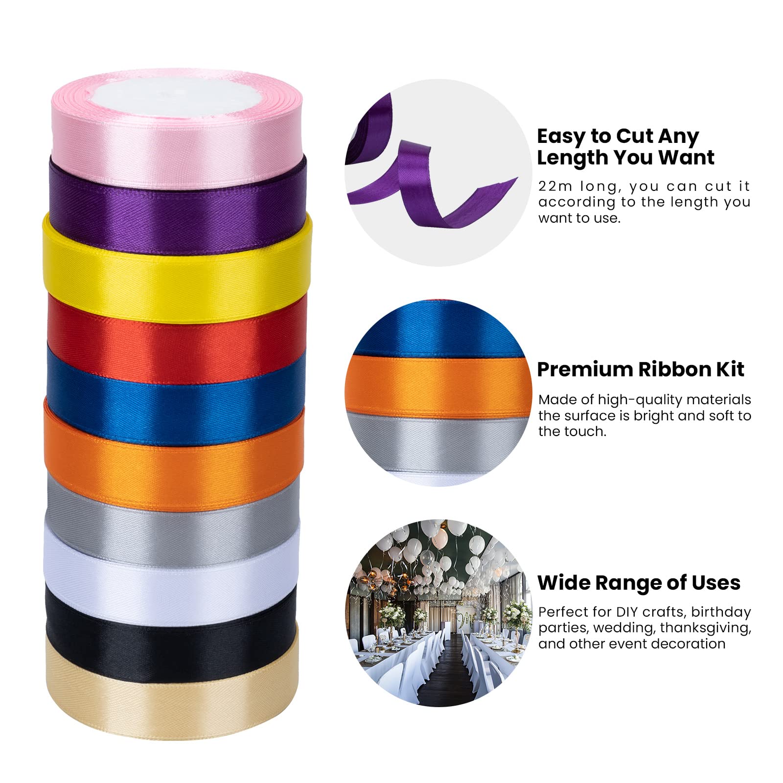 AKHTART Double Faced Satin Ribbon, 10 Rolls/10 Colours, Polyester Ribbon, Fabric Ribbon for Gift Wrapping Crafting, Balloons - Image 4
