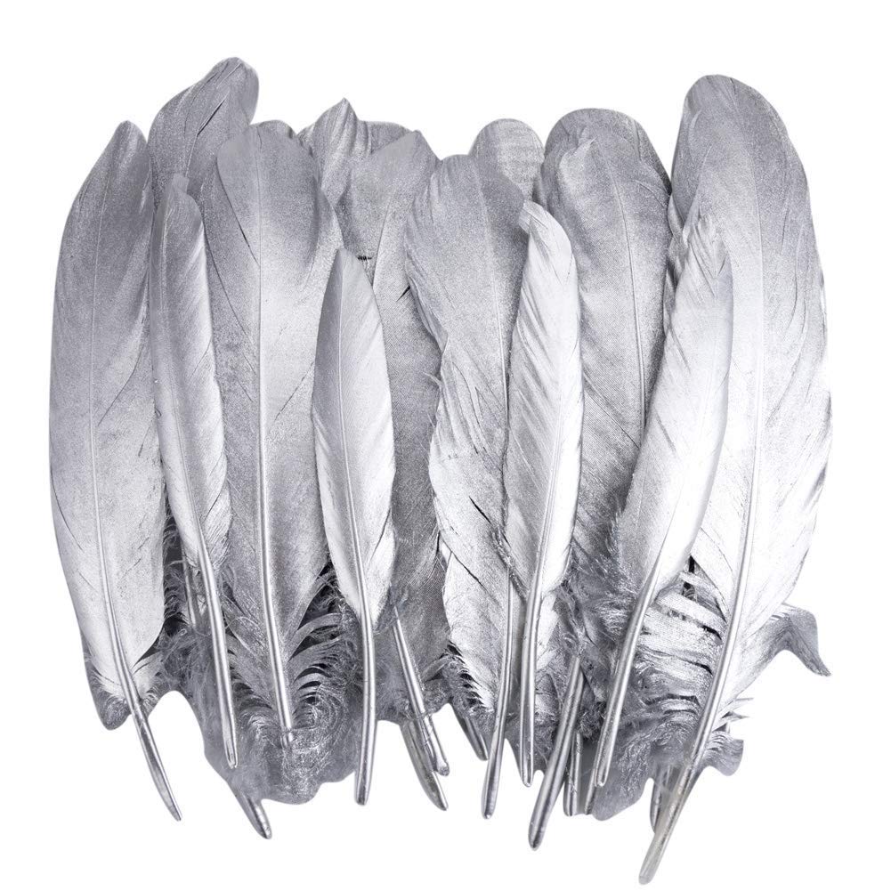 Suneast 50 Pcs Natural Crafts Goose Feathers for DIY Dream Catchers Earrings Craft Wedding Home Party Festival Decorations Baby Shower Decor - 15-20cm - Dipped Silver