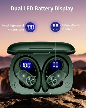80H Playtime Wireless Earbuds, Bluetooth Headphones with Wireless Charging Case, LED Display, Secure Earhooks, Deep Bass, IPX7 Waterproof Earphones for Workout, Phone, Laptop