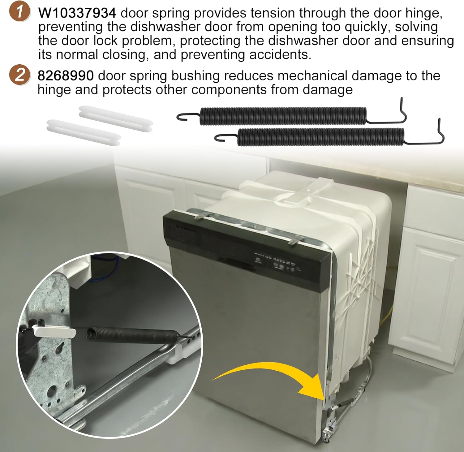 2Pcs WPW10337934 Dishwasher Door Spring and 2Pcs 8268990 WP8268990 Dishwasher Door Hinge Bushing,Suitable for Whirlpool Dishwashers,Replaces Part W10337934, AP6019831, PS11753142, 2310989