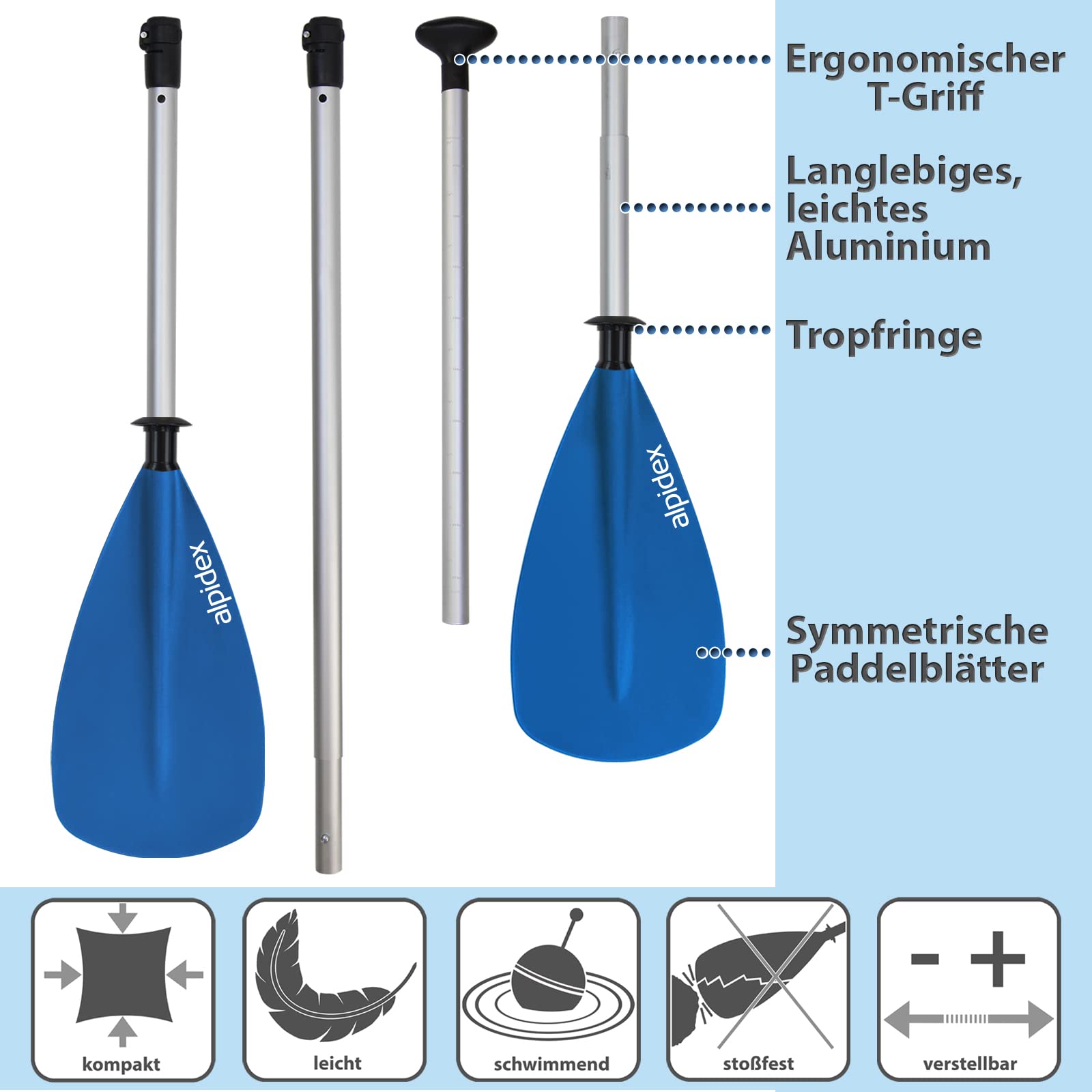 ALPIDEX 2 in 1 Paddel SUP Kajak Verstellbar Leicht Doppelpaddel Teleskoppaddel 160-207cm Aluminium Stechpaddel Stand Up Paddle Board Kajakfahren