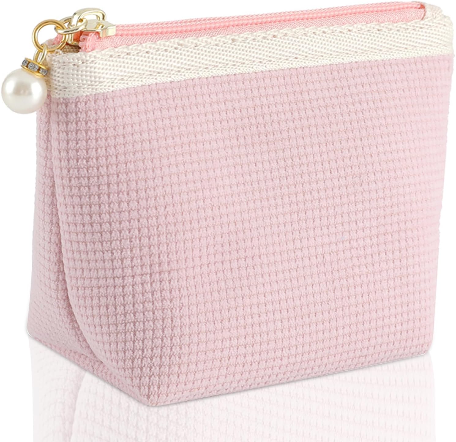 Tazweeq Corduroy Makeup Bag for Women Travel Storage Bag, Unique Pearl Zip Header, Portable Period Pouch with Pearl Zipper, Sanitary Pads Bag Tampons Holder for Purse (Pink)