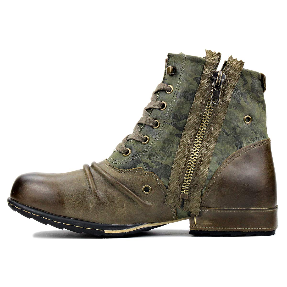 OSSTONE Herren Stiefel aus Rindsleder Lederstiefel mit Gummisohle Biker Boots mit Reißverschluss Männer Stiefeletten OS-5008-8-Green-DE