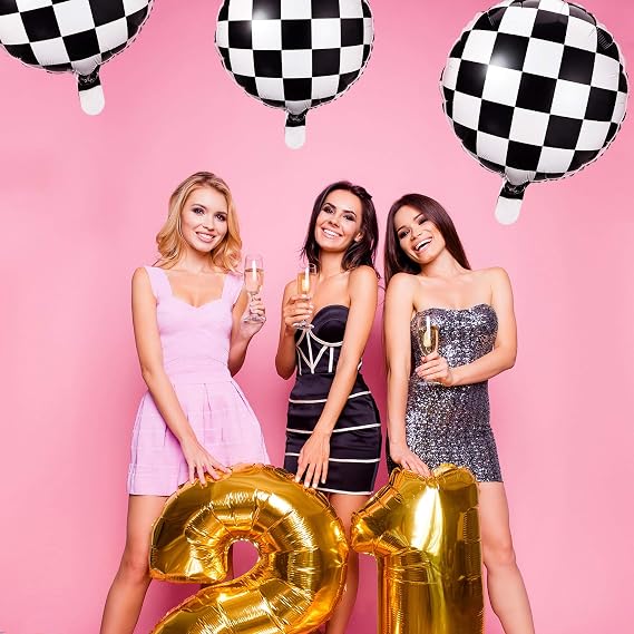 Gejoy 24 Pcs Checkerboard Balloon 18 Inches Aluminum Foil Black White Checkered Balloon for Racing Car Themed Birthday Party Decoration Supply