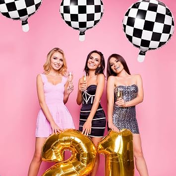 Gejoy 24 Pcs Checkerboard Balloon 18 Inches Aluminum Foil Black White Checkered Balloon for Racing Car Themed Birthday Party Decoration Supply