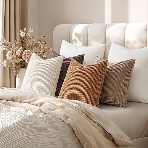 Miniatura 5 de MIULEE Juego de 4 fundas decorativas modernas de cojín lumbar de 18 x 18 pulgadas, fundas de almohada rústicas naturales de pana suave neutra, Marrón