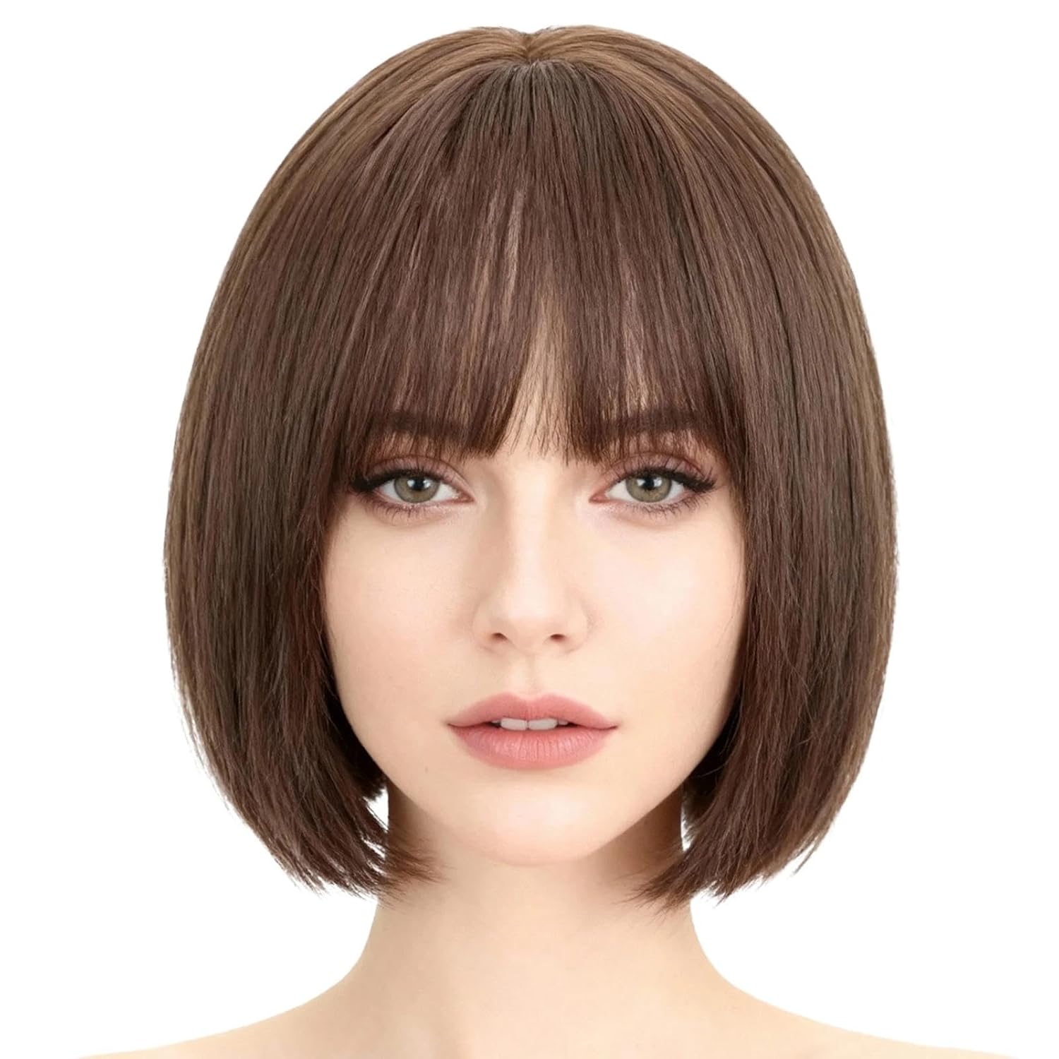 Short Bob Wig Brown - Straight Synthetic Short Hair Wig with Fringe Natural Looking Everyday Wig for Women Soft Hair Like Real Hair 11 Inches
