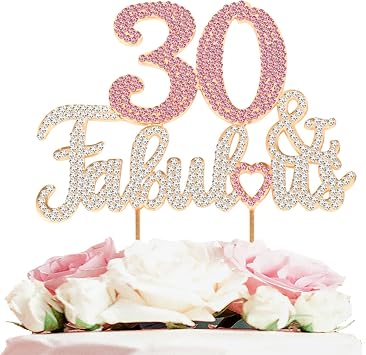 30 & Fabulous Gold & Pink Rhinestone Cake Topper - Happy 30th Birthday Cheers to Thirty Years Old Bday Party Metal Sparkly Food Centerpieces Topper Decorations Keepsake.