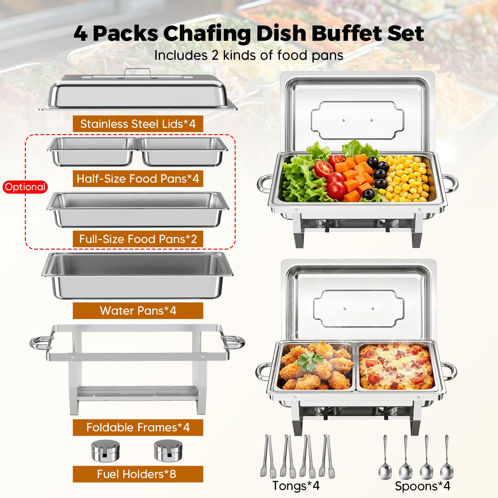 Chafing Dish Buffet Set 9L, 4pcs Edelstahl Warmhaltebehälter mit Deckel Lebensmittelpfannen und Brennstoffhaltern, Speisenwärmer für Catering, Buffet und Party Speisenwärmer