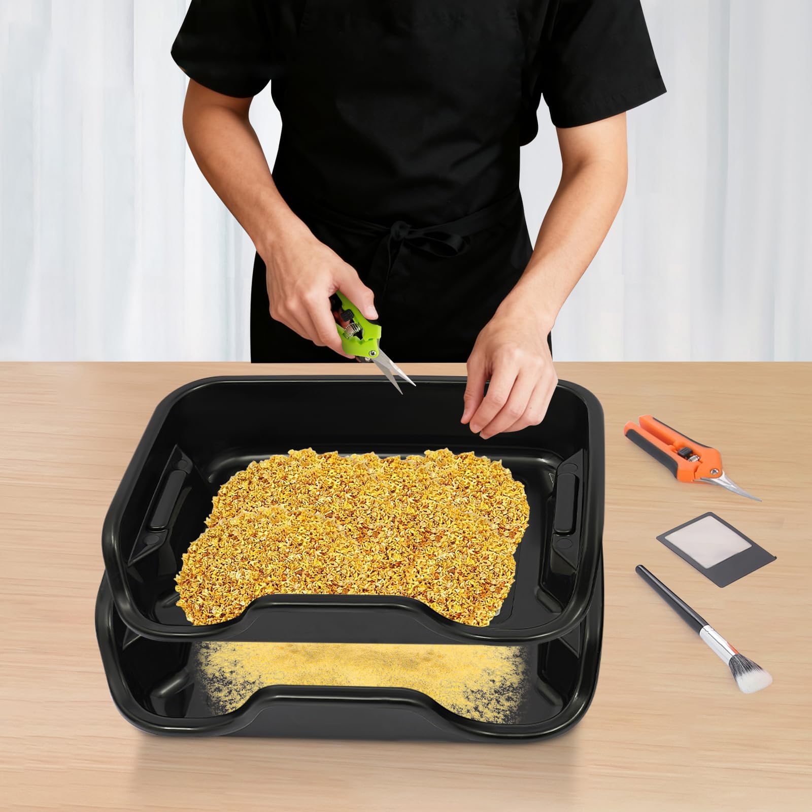 Trim Bin Pro taca do trymowania, z siatką ze stali nierdzewnej o grubości 150 µm, sitko na pyłki z nożyczkami, szczotką, kartą powiększającą i tabletką do czyszczenia ziół, zestaw Trim Bin