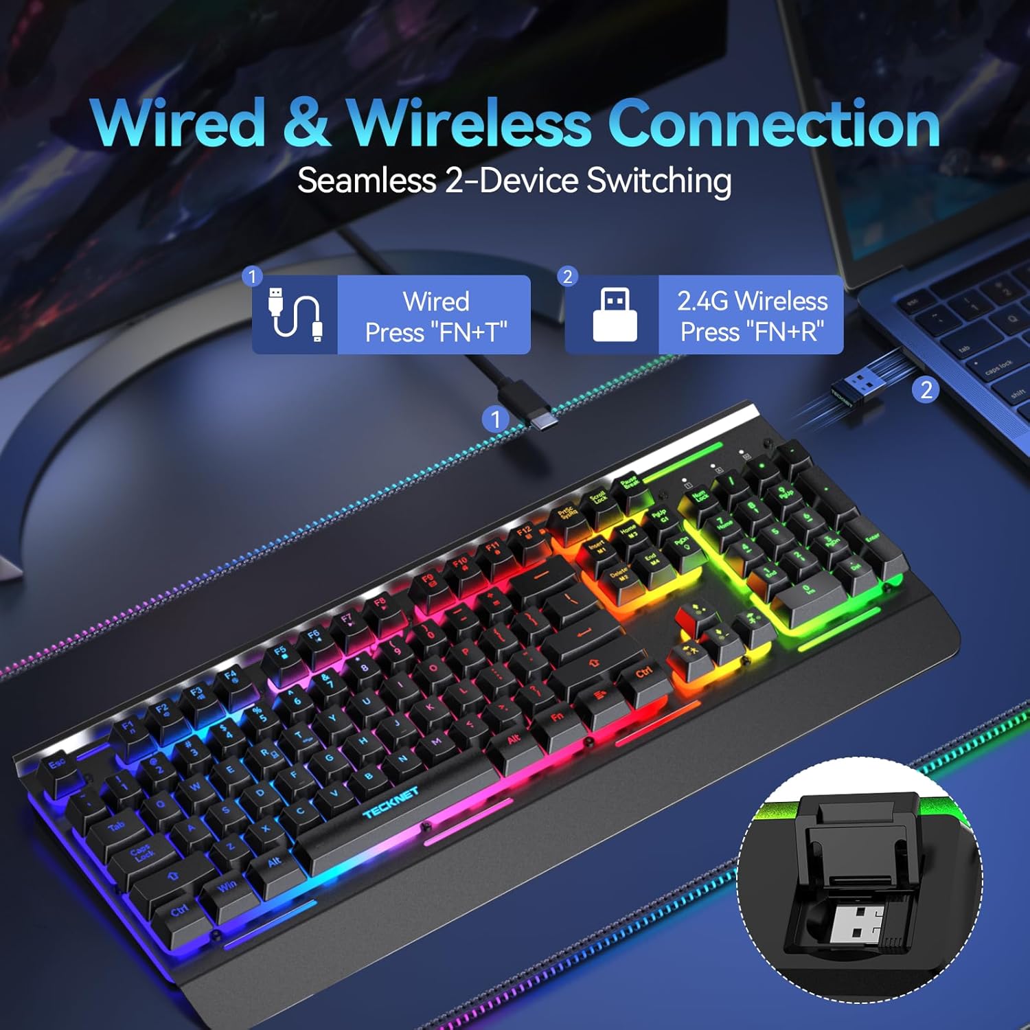 TECKNET Wireless Gaming Keyboard, 2-in-1 (2.4G Wireless & Wired) Rechargeable Keyboard, 4000mAh Battery, 15-Zone RGB Computer Keyboard, Metal Panel, PC Gaming Keyboards (Whisper Quiet Gaming Switch)