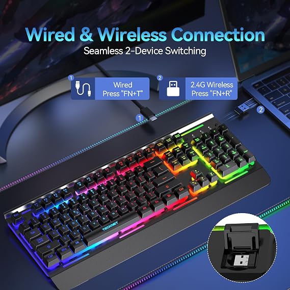 TECKNET Wireless Gaming Keyboard, 2-in-1 (2.4G Wireless & Wired) Rechargeable Keyboard, 4000mAh Battery, 15-Zone RGB Computer Keyboard, Metal Panel, PC Gaming Keyboards (Whisper Quiet Gaming Switch)