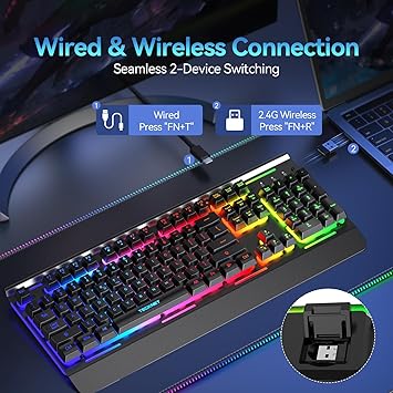 TECKNET Wireless Gaming Keyboard, 2-in-1 (2.4G Wireless & Wired) Rechargeable Keyboard, 4000mAh Battery, 15-Zone RGB Computer Keyboard, Metal Panel, PC Gaming Keyboards (Whisper Quiet Gaming Switch)