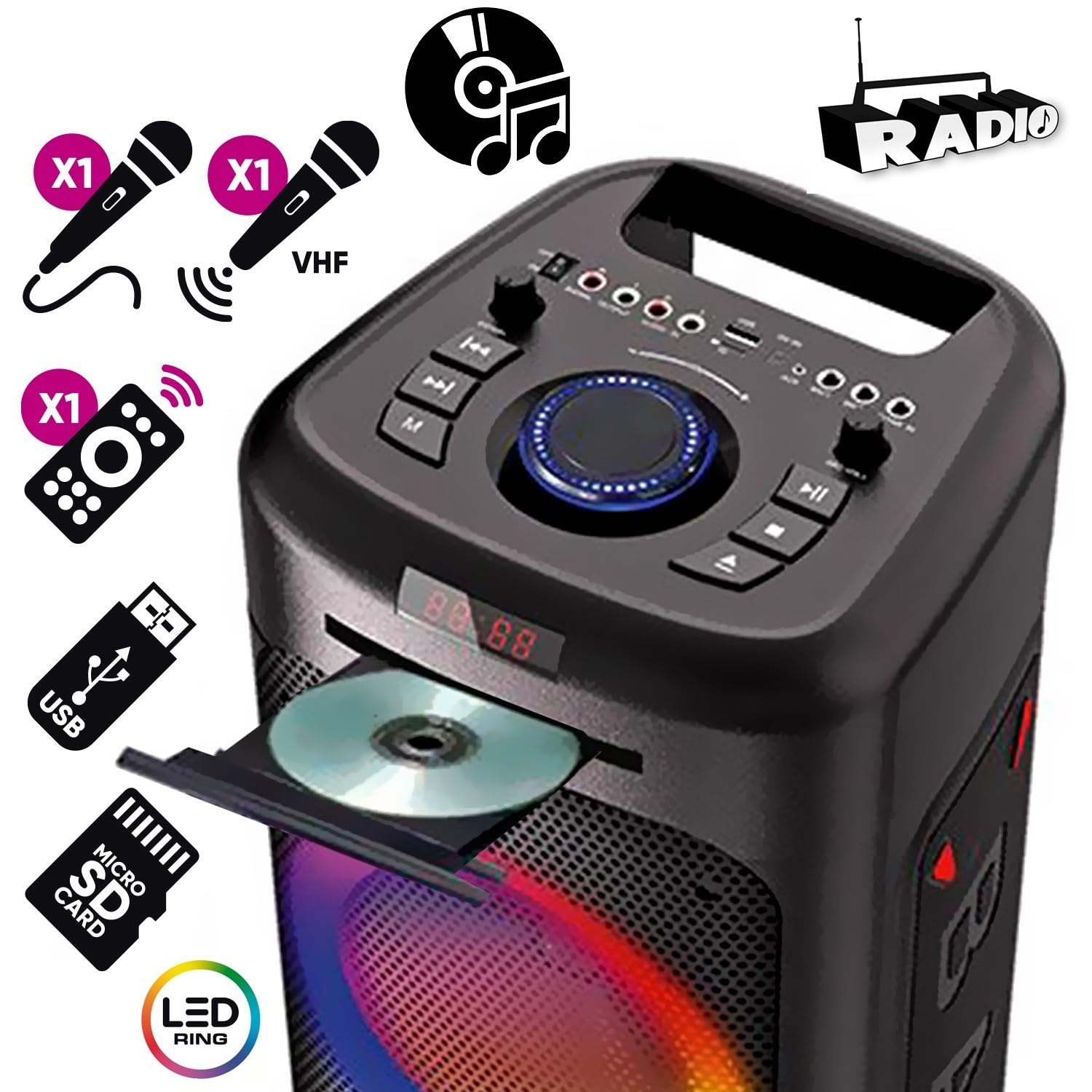 Autonomer DJ-Lautsprecher, 1000 W, beleuchtet, CD-Player, Akku, Bluetooth, USB, Sono, Radio, Partybox, Abend, Party, Geburtstag