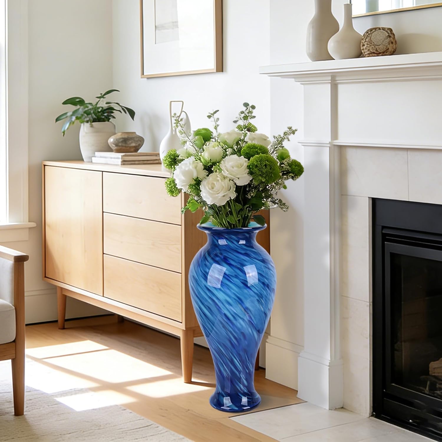 20" Tall Blue Glass Vases,Large Hand Blown Sea Glass Flowers Vase for Floor,Jarrones Grandes para Sala Elegantes, Pretty Modern Ocean Blue Flowers Vases for Living Room Wedding Decor - Image 4