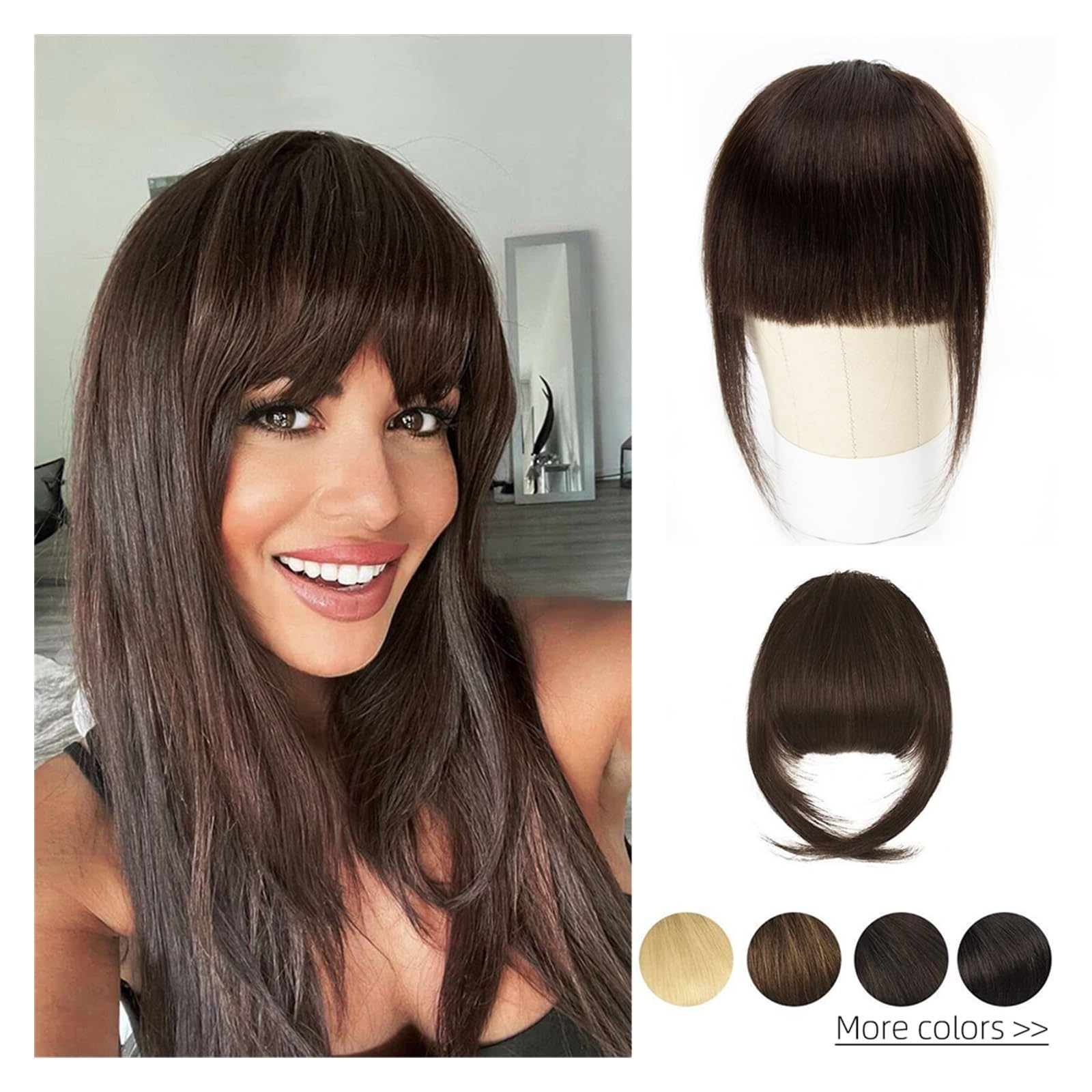 Clip in Pony Echthaar-Pony, 3 Clips in Schwarz, stumpf geschnittenes Fransen-Haarteil, natürliches Schwarz-Blond-Bang, 20,3 cm Clip-in-Haarverlängerungen, Braun Pony Haare(#27)