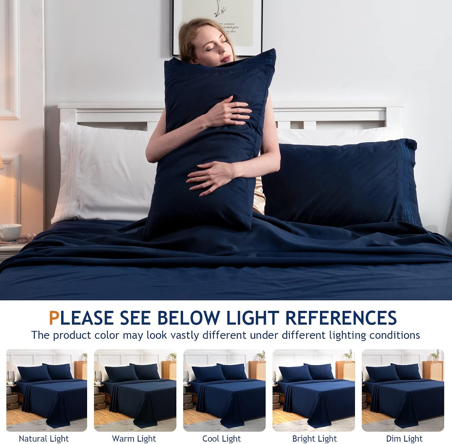 Queen Sheets Set, Ultra Soft Sheets for Queen Size Bed Deep Pockets, Bed Sheets Queen, Comfy Bedsheets Queen Sheet Set, Wrinkle Free 4Pcs -1 Fitted Sheet, 1 Flat Sheet, 2 Pillowcases(Queen, Navy Blue)